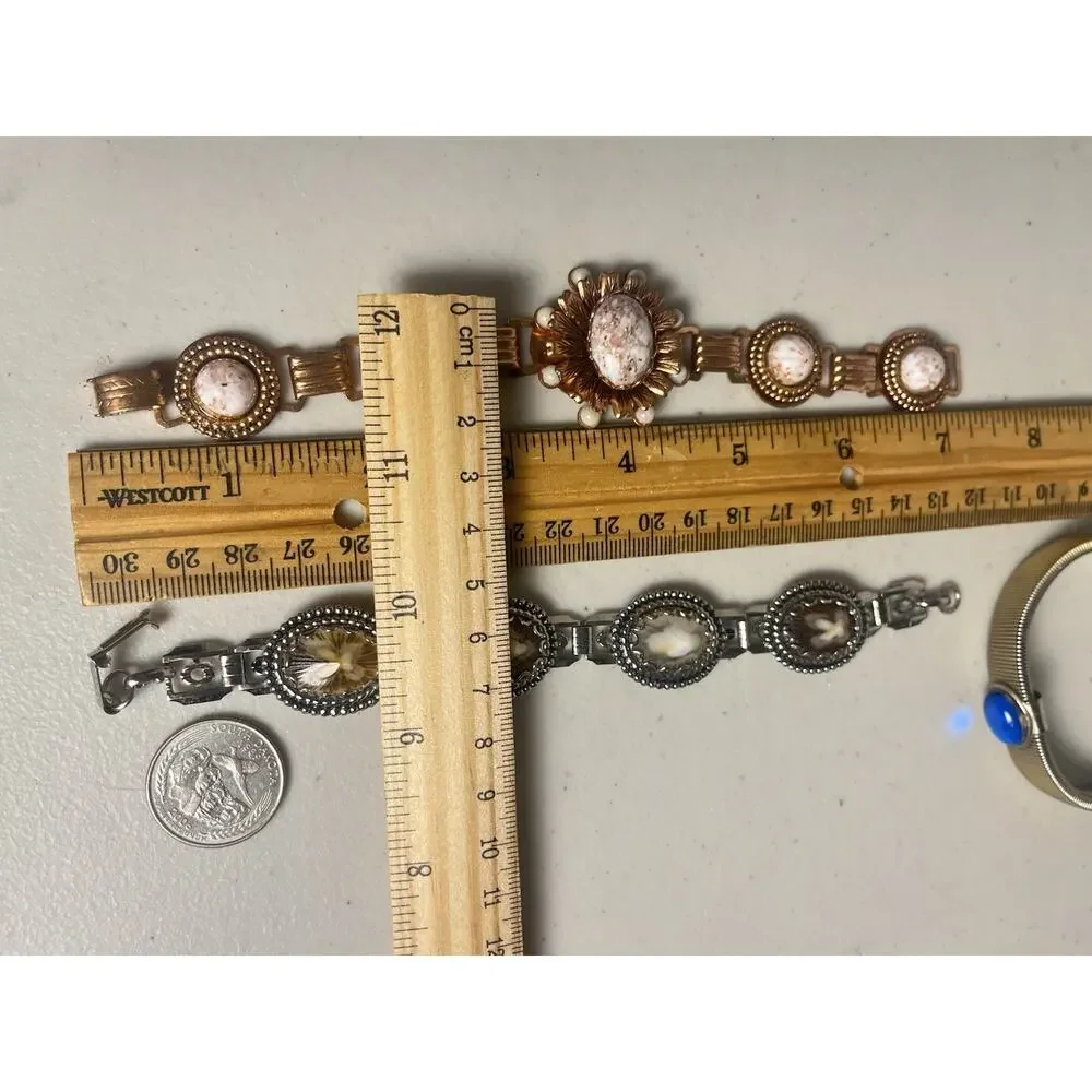 Old Vintage Bracelet Lot Copper Metal Links Mottled Flowers Tubogas Cabachon